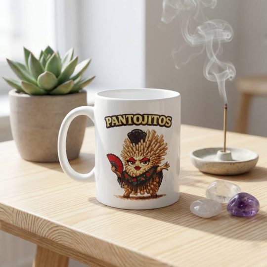 Taza de cerámica con ilustración de personaje Pantojitos hecho de mineral aragonito con abanico rojo y peineta sobre mesa de madera