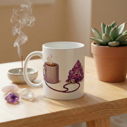 Taza de café enchufada a una drusa de amatista cargándose de energía.