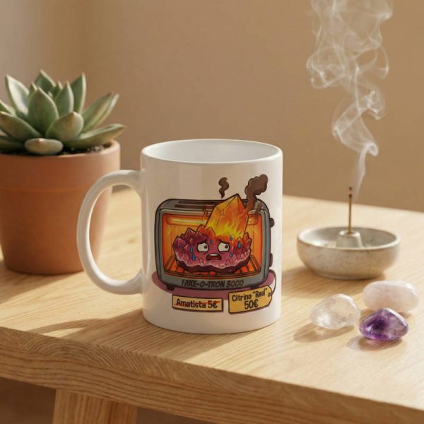 Taza crítica humorística: eres más falso que un citrino calentado en el Fake-O-Tron 3000.