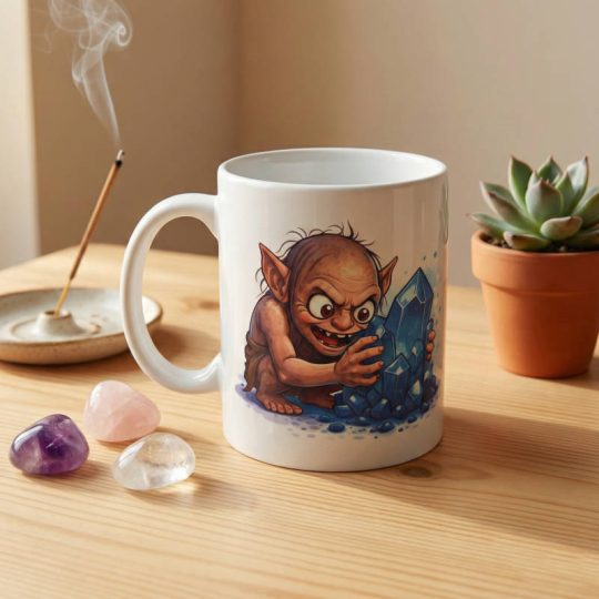 Ilustración estilo Gollum protegiendo cristales azules con frase: No es un mineral, es MI mineral.