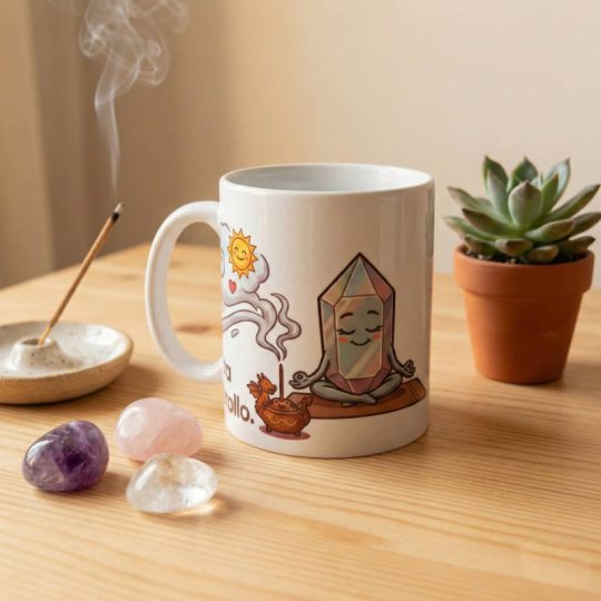 Taza con diseño de cuarzo meditando y frase: aquí se respira incienso y buen rollo.