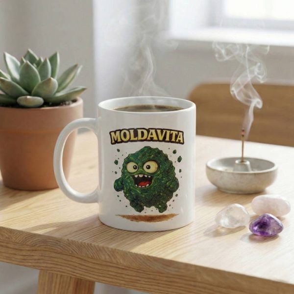 Taza de desayuno Moldavita sobre mesa de madera con incienso y minerales de fondo.