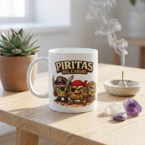 Taza de cerámica con dibujo de tres personajes de mineral pirita vestidos de piratas sobre mesa de madera estilo minimalista