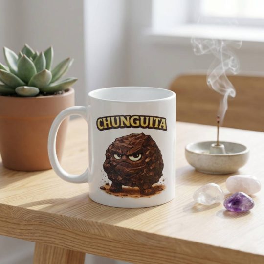 Taza de cerámica con ilustración de personaje Chunguita piedra shungit con cara enfadada sobre mesa de madera minimalista