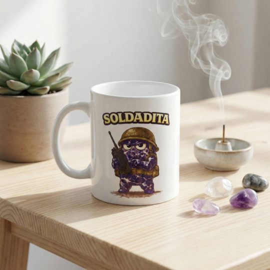 Taza de cerámica blanca con ilustración del personaje Soldadita hecho de piedra sodalita azul sobre mesa de madera con incienso y minerales