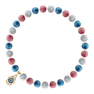 Pulsera Judith de mineral natural con cuentas de ágata azul, ágata rosa, piedra luna y amuleto de la mano de Fátima dorado