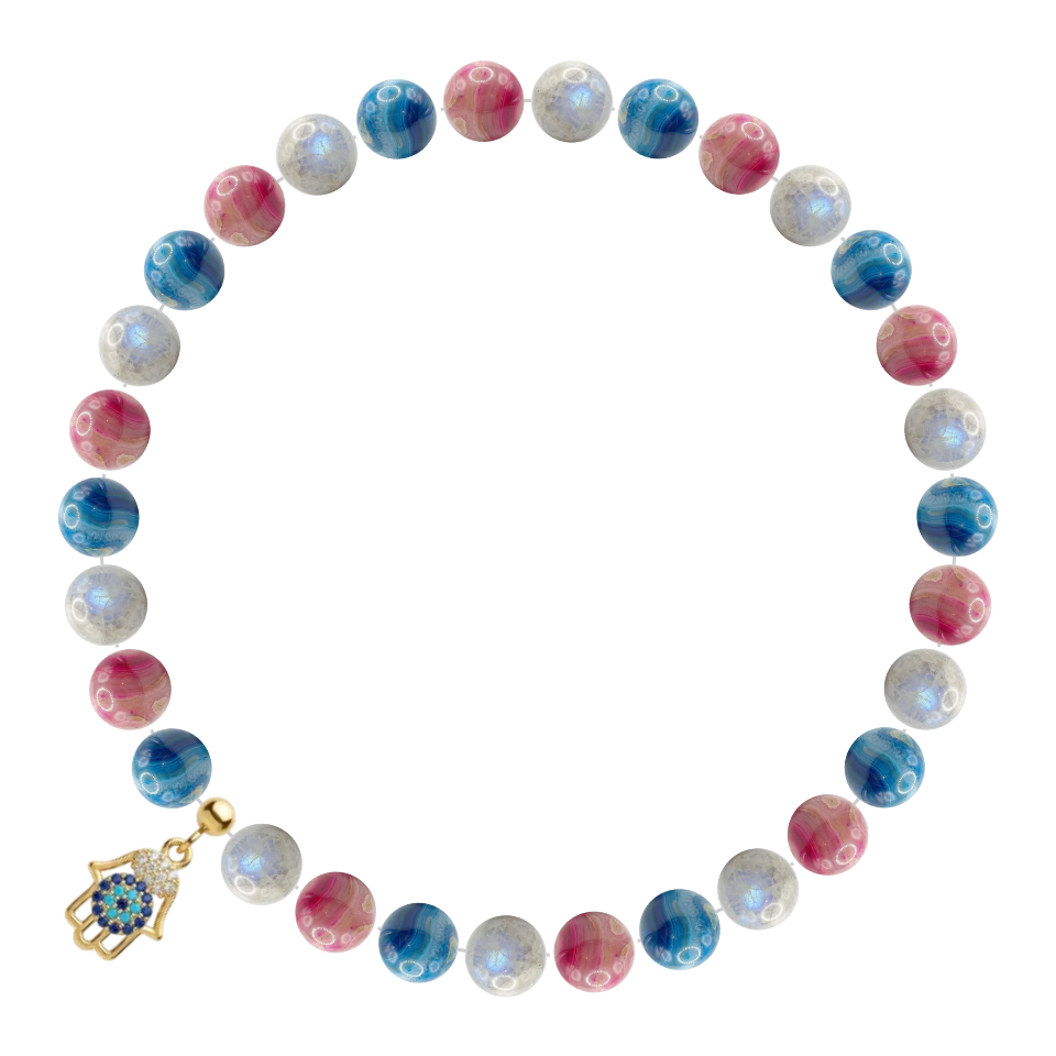 Pulsera Judith de mineral natural con cuentas de ágata azul, ágata rosa, piedra luna y amuleto de la mano de Fátima dorado